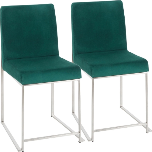 High Back Fuji Dining Chair in Green Velvet & Brushed Stainless (Set of 2)